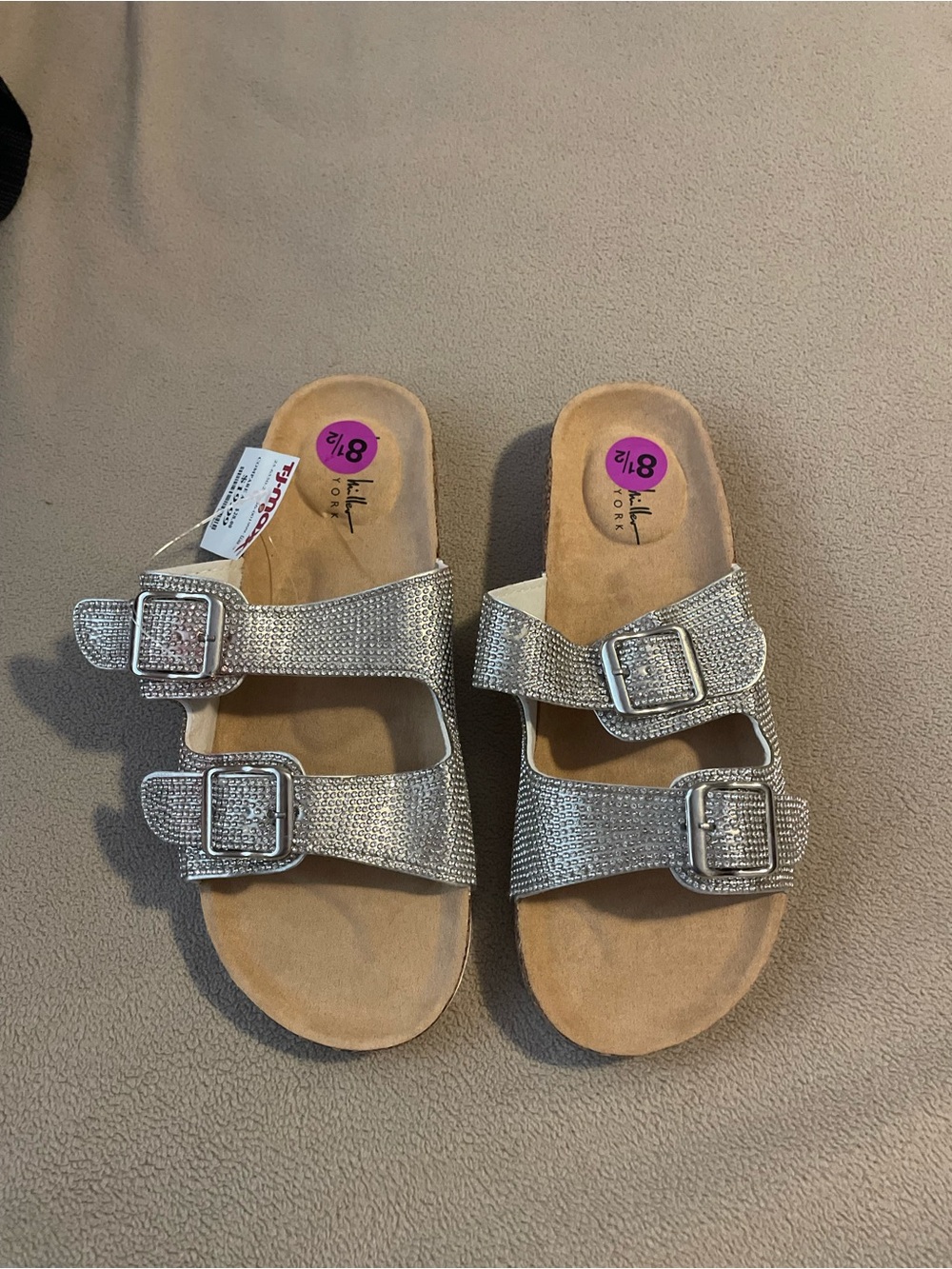 Nicole Miller Silver Double-Buckle Slide Sandals